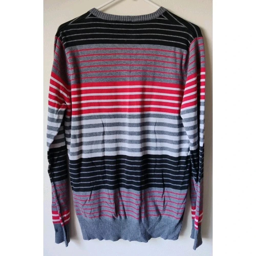 Element‎ Men's Striped Sweater V-Neck Gray/Black/Red 100% Cotton Size Medium